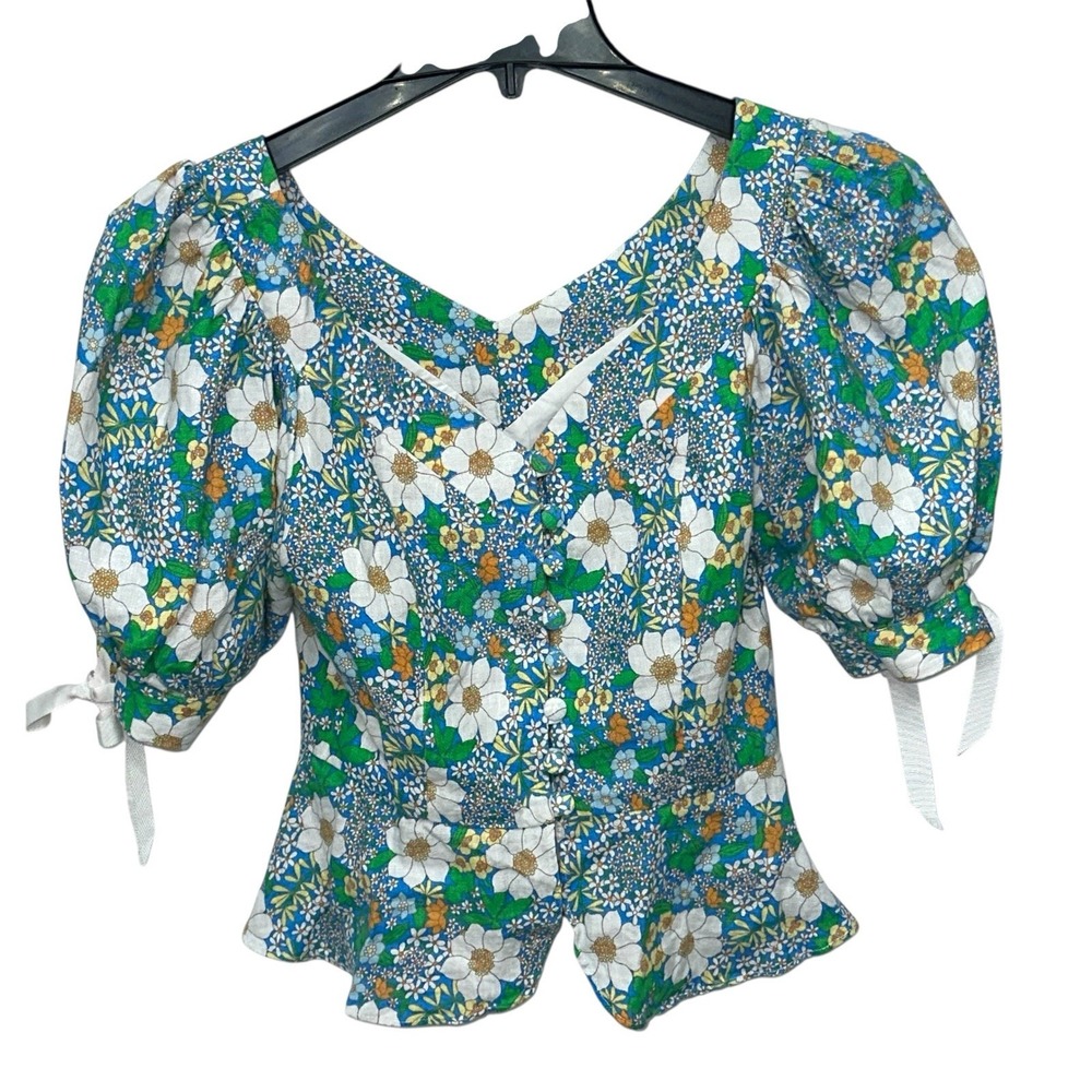 Perseverance London Mambo‎ Floral Puff Sleeve Top Size 6 Floral 100% Linen